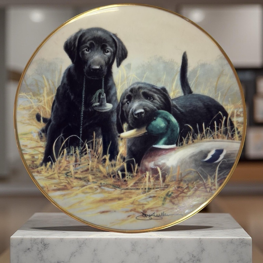 Vintage Franklin Mint Black Labrador Puppies Ceramic Plate